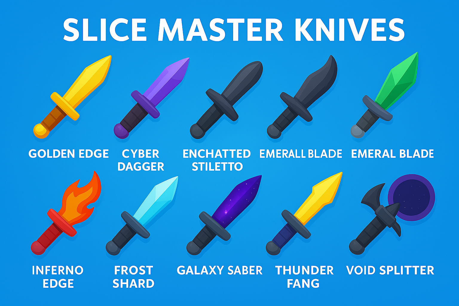 All Slice Master legendary knives including Rainbow Cutter, Cyber Dagger, and Void Splitter
