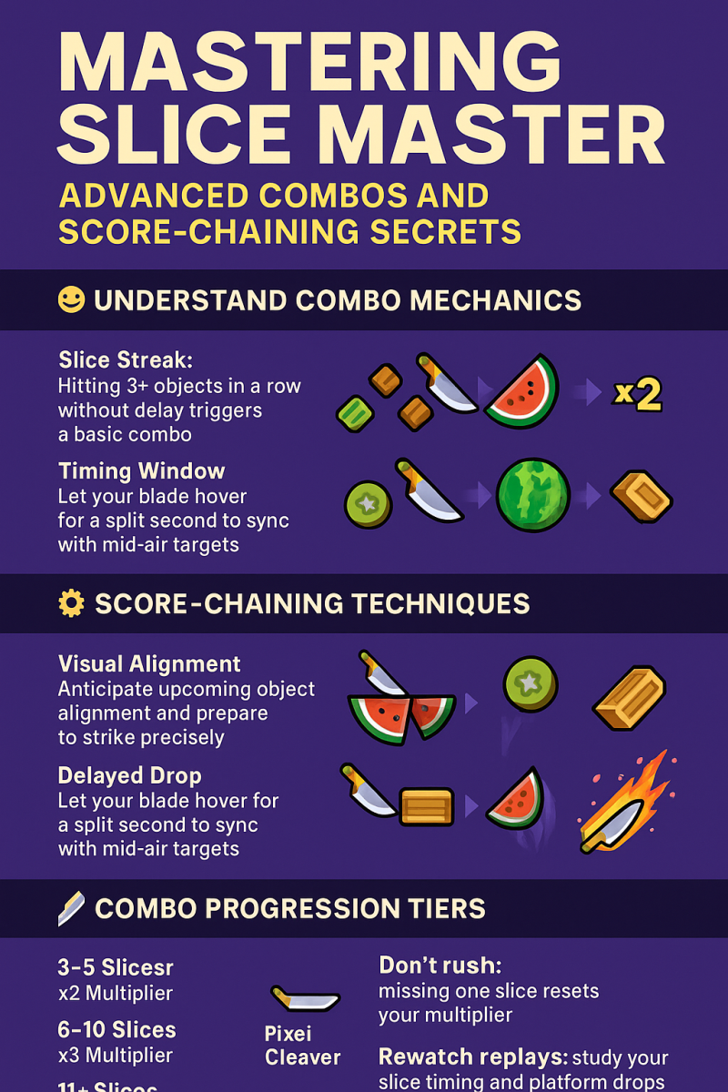 Slice Master combo strategy infographic – showing score chaining steps and slicing sequences