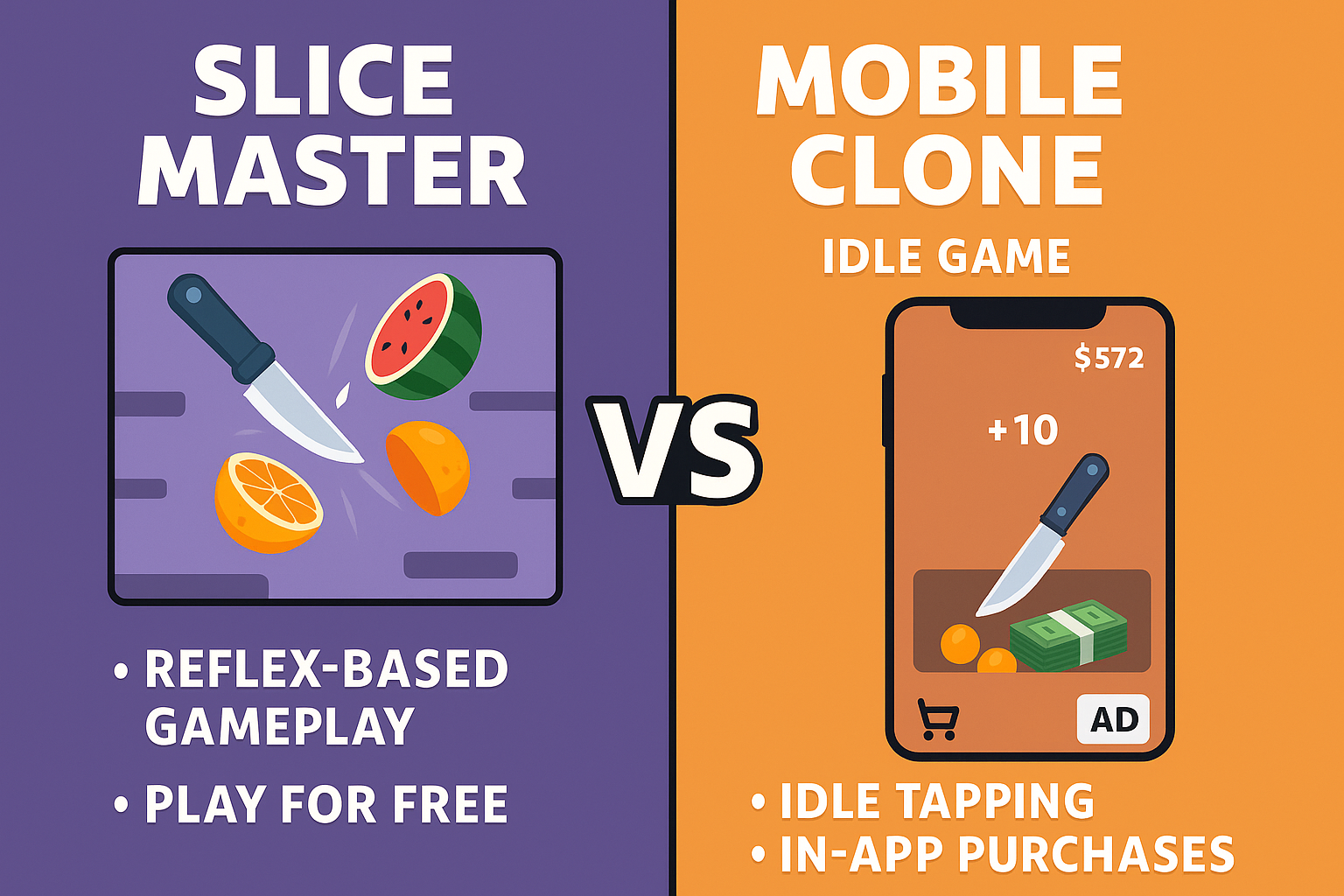 Slice Master web version vs mobile clone idle games comparison