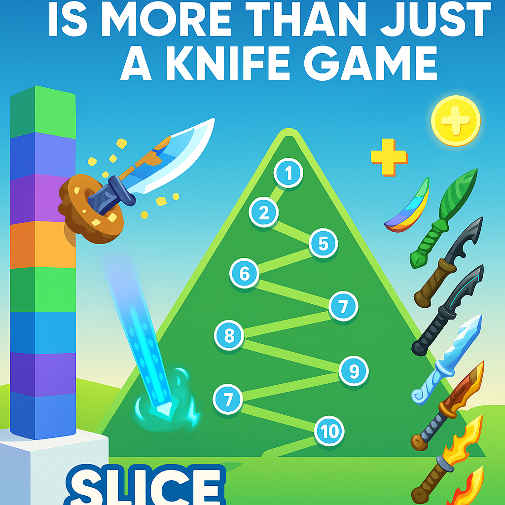 Slice Master gameplay with knives, level map, and power-up effects